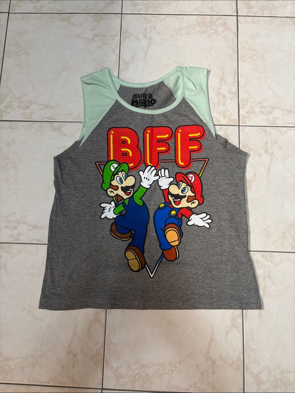 GUC NINTENDO Gray Tank With Mint Sleeves and Mario Luigi BFF Graphic Size XS
